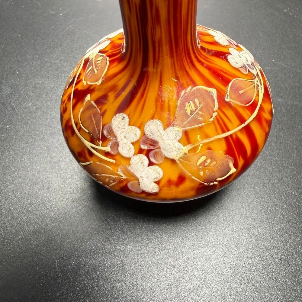 Vintage Hand Blown Art Glass Vase Orange Red Enamel Floral Hand Painted 5.5 inch